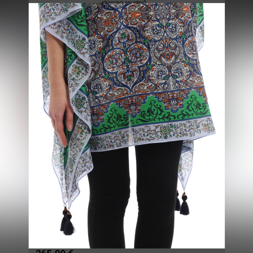 New Tory Burch Grand Voyage Classic Silk Caftan Coverup Floral Green Tassels L - Picture 4 of 10